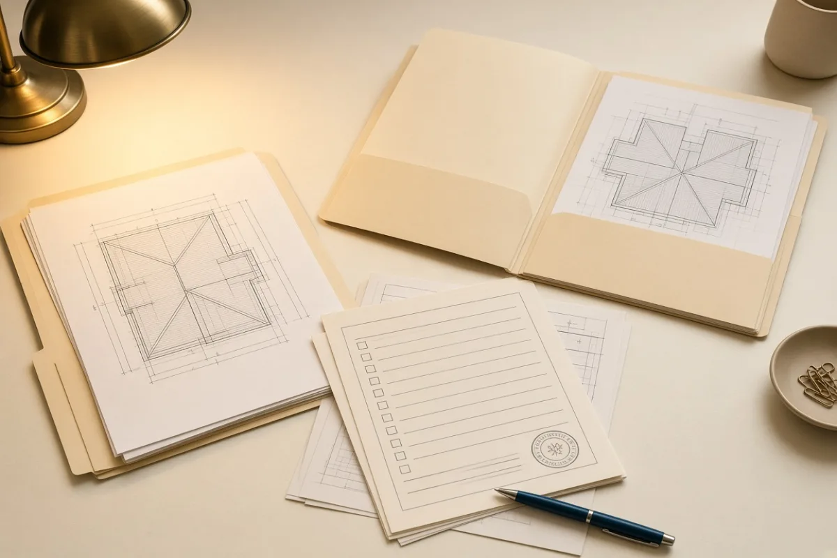 Open permit folders and roof layout printouts on an office desk