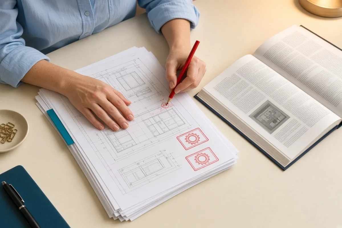 Hands marking corrections on solar permit plan pages