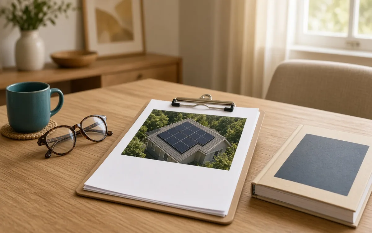HOA review letter clipped to a roof layout photo on a dining table