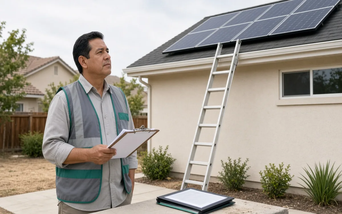 Building inspector with a clipboard near a home with roof solar panels