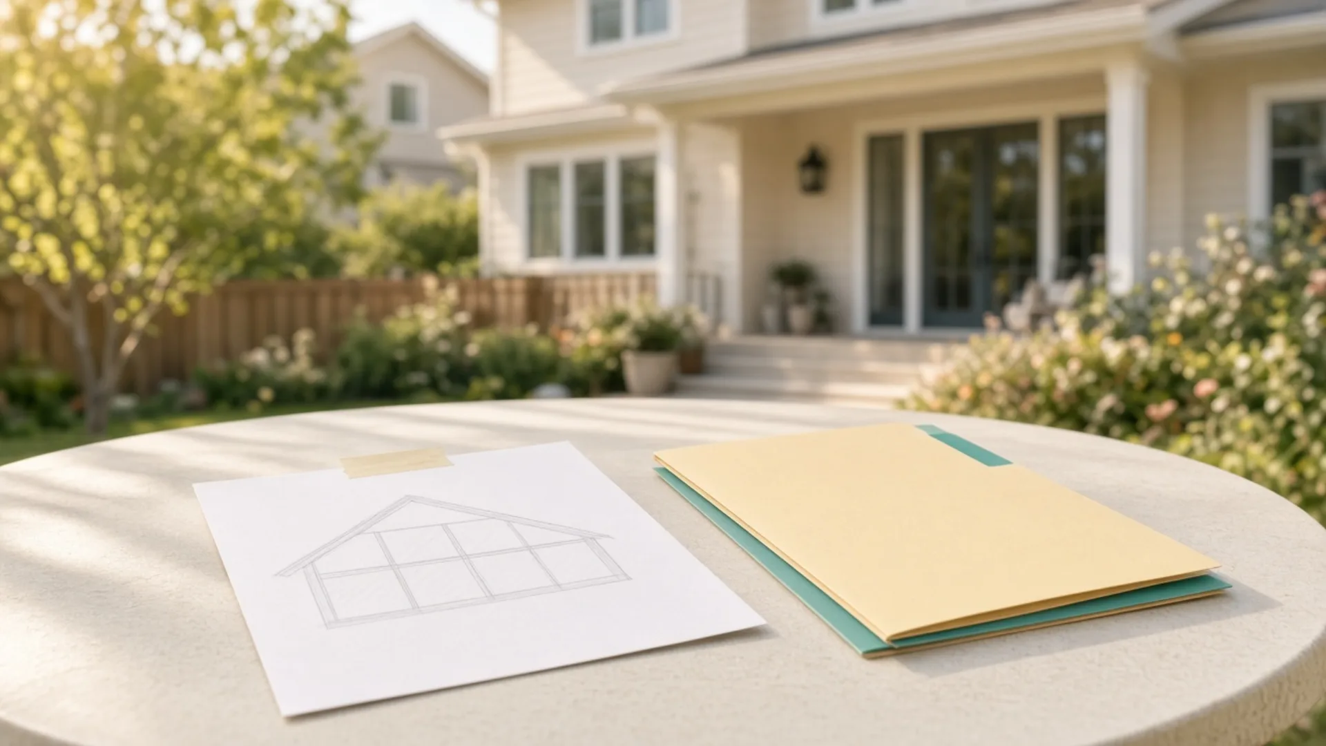 Suburban home patio with a permit folder and solar layout sketch on the table